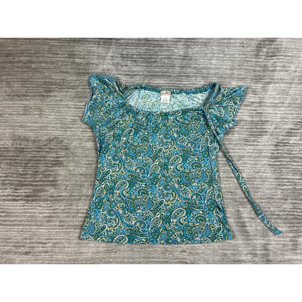 L.A. Movers Blouse Women Medium Blue Green Paisley Short Flutter Sleeve Boho Top